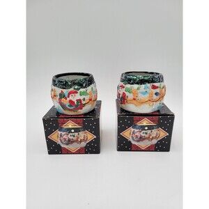 2 Vtg Giftco Ceramic Tea Light Candle Holders Santa Sleigh Reindeer Glitter 3.5"